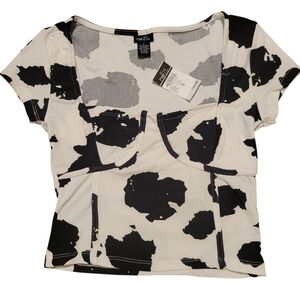 Rue21 White Black Cow Print Short Sleeve Crop Top